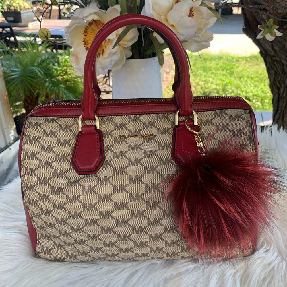 Michael Kors Mercer Medium Duffle Satchel Handbag Natural Tan Cherry Red